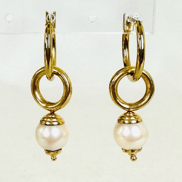 LIZ CLAIBORNE Vintage 90s Gold Tone Hoop Earrings with 3 Interchangeable Dangles - Picture 3 of 7